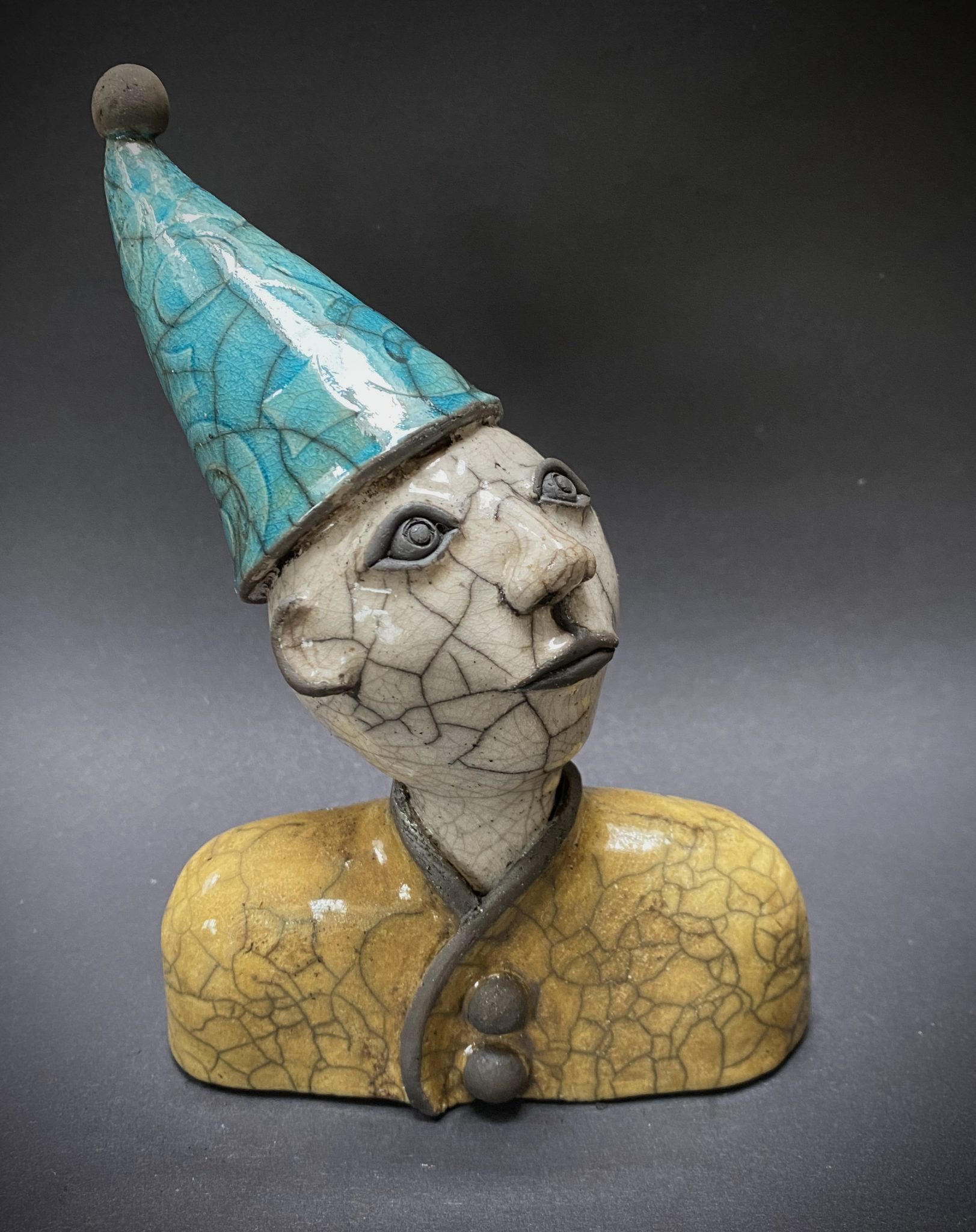 Head with blue hat and yellow jacket